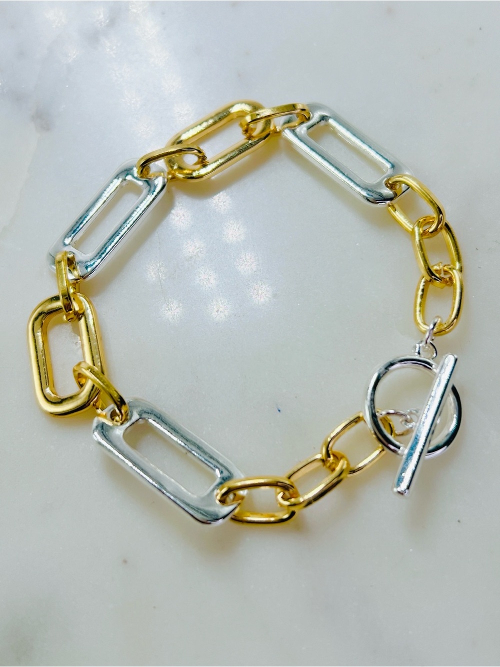 18k white yellow gold toggle 7” link chain bracelet two tone rectangular oval